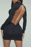 Black Fashion Sexy Solid Bandage Backless Turtleneck Long Sleeve Dresses