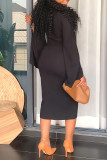 Black Casual Elegant Solid Split Joint Slit O Neck One Step Skirt Dresses