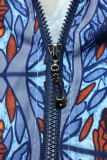 Blue Casual Print Patchwork Zipper Regular Jumpsuits