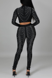 Black Sexy Solid Hot Drill Halter Long Sleeve Two Pieces