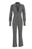 Black White Casual Print Patchwork V Neck Straight Jumpsuits