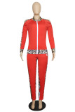 Rose Red Fashion Casual Print Hollowed Out Patchwork Slit Zipper Collar Long Sleeve Two Pieces