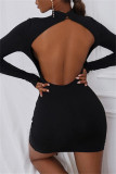 Black Fashion Sexy Solid Bandage Backless Turtleneck Long Sleeve Dresses