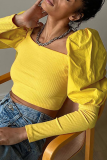 Yellow Sexy Solid Patchwork Square Collar Tops