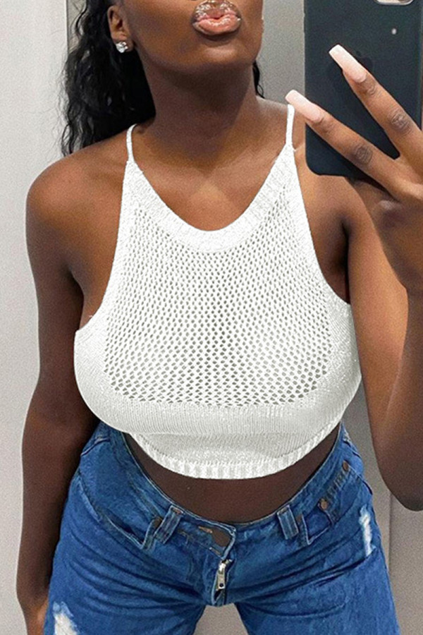 White Sexy Casual Solid Bandage Hollowed Out Backless Halter Tops