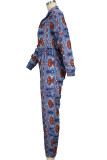 Blue Casual Print Patchwork Zipper Regular Jumpsuits