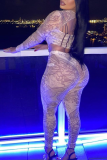 Apricot Sexy Print O Neck Long Sleeve Two Pieces