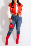 Red Casual Print Patchwork Zipper Outerwear