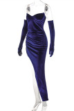 Blue Fashion Sexy Solid Backless Asymmetrical Strapless Evening Dress (With Cuff)