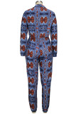 Blue Casual Print Patchwork Zipper Regular Jumpsuits