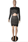 Red Sexy Casual Solid Hollowed Out O Neck Long Sleeve Dresses