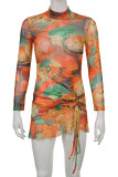 Multicolor Fashion Print Draw String Turtleneck Long Sleeve Dresses
