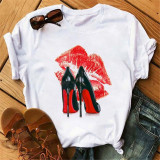 White Rose Red Fashion Casual Lips Printed Basic O Neck Tops