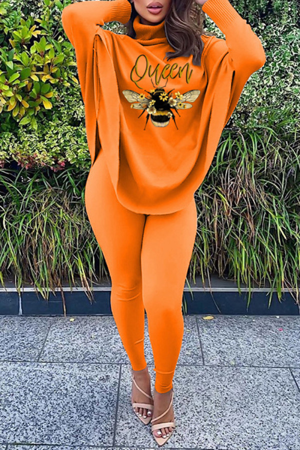 Orange Fashion Casual Print Basic Turtleneck Long Sleeve Two Pieces