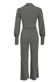Black White Casual Print Patchwork V Neck Straight Jumpsuits