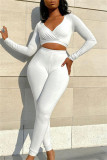 White Fashion Casual Solid Basic V Neck Long Sleeve Two Pieces