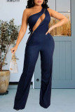 Blue Casual Solid Patchwork Zipper Oblique Collar Straight Jumpsuits