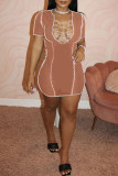 Pink Fashion Casual Solid Bandage Hollowed Out V Neck Short Sleeve Dress