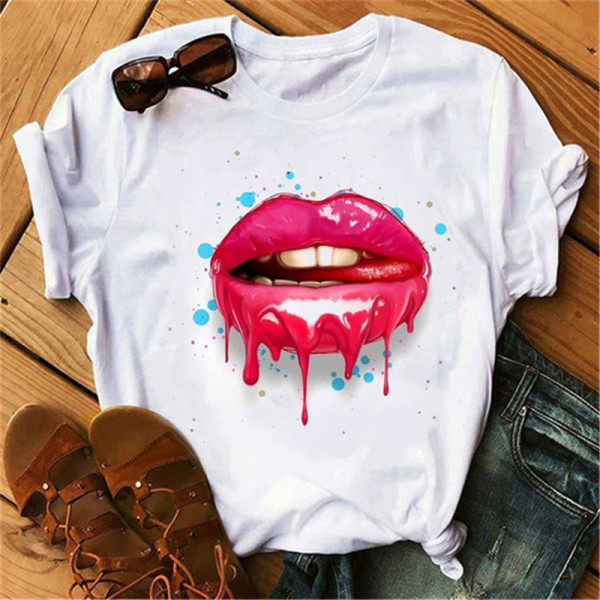 Rose Red Blue Fashion Casual Lips Printed Basic O Neck Tops