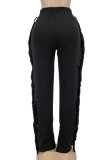 Red Casual Street Solid Tassel Split Joint Straight Straight Patchwork Bottoms