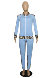 Light Blue Fashion Casual Print Hollowed Out Patchwork Slit Zipper Collar Long Sleeve Two Pieces