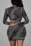 Black Sexy Solid Hollowed Out Patchwork Hot Drill O Neck Dresses