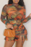 Multicolor Fashion Print Draw String Turtleneck Long Sleeve Dresses