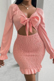 Pink Sexy Solid Hollowed Out Patchwork Fold Knotted V Neck Pencil Skirt Dresses