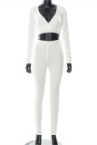 White Fashion Casual Solid Basic V Neck Long Sleeve Two Pieces