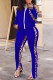 Blue Fashion Casual Print Hollowed Out Patchwork Slit Zipper Collar Long Sleeve Two Pieces