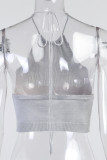 White Sexy Casual Solid Bandage Hollowed Out Backless Halter Tops