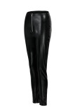 Black Fashion Casual Solid Patchwork Skinny High Waist Pencil Trousers (Without Waist Chain)