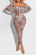 Apricot Sexy Print O Neck Long Sleeve Two Pieces