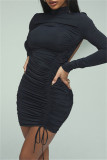 Black Fashion Sexy Solid Bandage Backless Turtleneck Long Sleeve Dresses