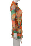 Multicolor Fashion Print Draw String Turtleneck Long Sleeve Dresses
