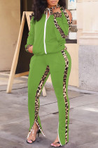 Green Fashion Casual Print Hollowed Out Split Joint Slit Zipper Collar Long Sleeve Two Pieces
