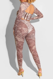 Apricot Sexy Print O Neck Long Sleeve Two Pieces