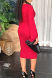Red Casual Elegant Solid Split Joint Slit O Neck One Step Skirt Dresses