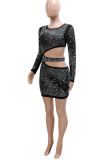 Black Sexy Solid Hollowed Out Patchwork Hot Drill O Neck Dresses