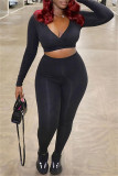 White Fashion Casual Solid Basic V Neck Long Sleeve Two Pieces