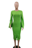 Green Casual Elegant Solid Split Joint Slit O Neck One Step Skirt Dresses