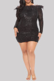 Black Fashion Casual Patchwork Sequins Feathers Off the Shoulder Long Sleeve Dresses