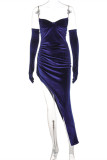 Blue Fashion Sexy Solid Backless Asymmetrical Strapless Evening Dress (With Cuff)
