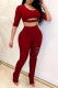 Burgundy Fashion Casual Letter Print Ripped Hollowed Out O Neck Half Sleeve Two Pieces