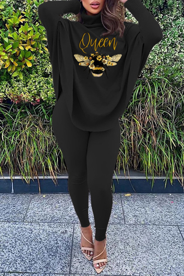 Black Fashion Casual Print Basic Turtleneck Long Sleeve Two Pieces
