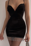 Red Sexy Solid Tassel Spaghetti Strap Pencil Skirt Dresses
