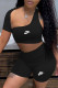 Black Fashion Sportswear Print Patchwork Oblique Collar Short Sleeve Two Pieces
