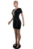 Pink Fashion Casual Solid Bandage Hollowed Out V Neck Short Sleeve Dress