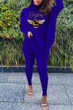Blue Fashion Casual Print Basic Turtleneck Long Sleeve Two Pieces