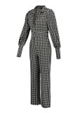 Black White Casual Print Patchwork V Neck Straight Jumpsuits